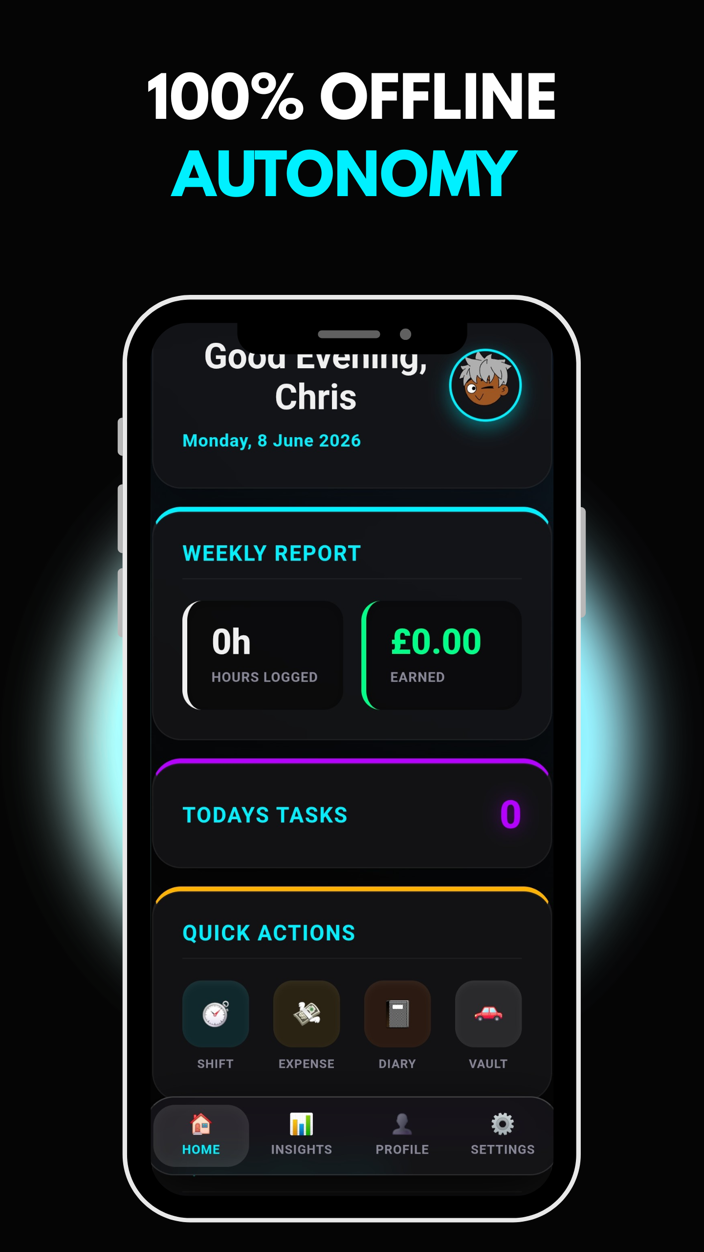 Logifi home screen — 100% offline, showing weekly report of hours logged and money earned, today's tasks and quick actions