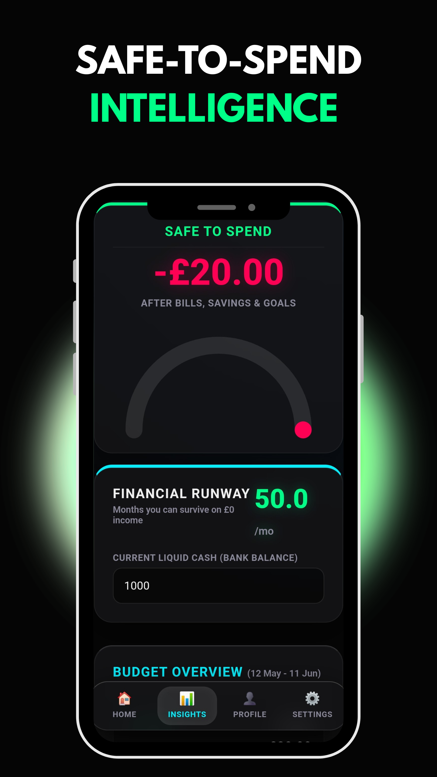 Safe-to-Spend intelligence — amount left after bills, savings and goals, plus financial runway in months