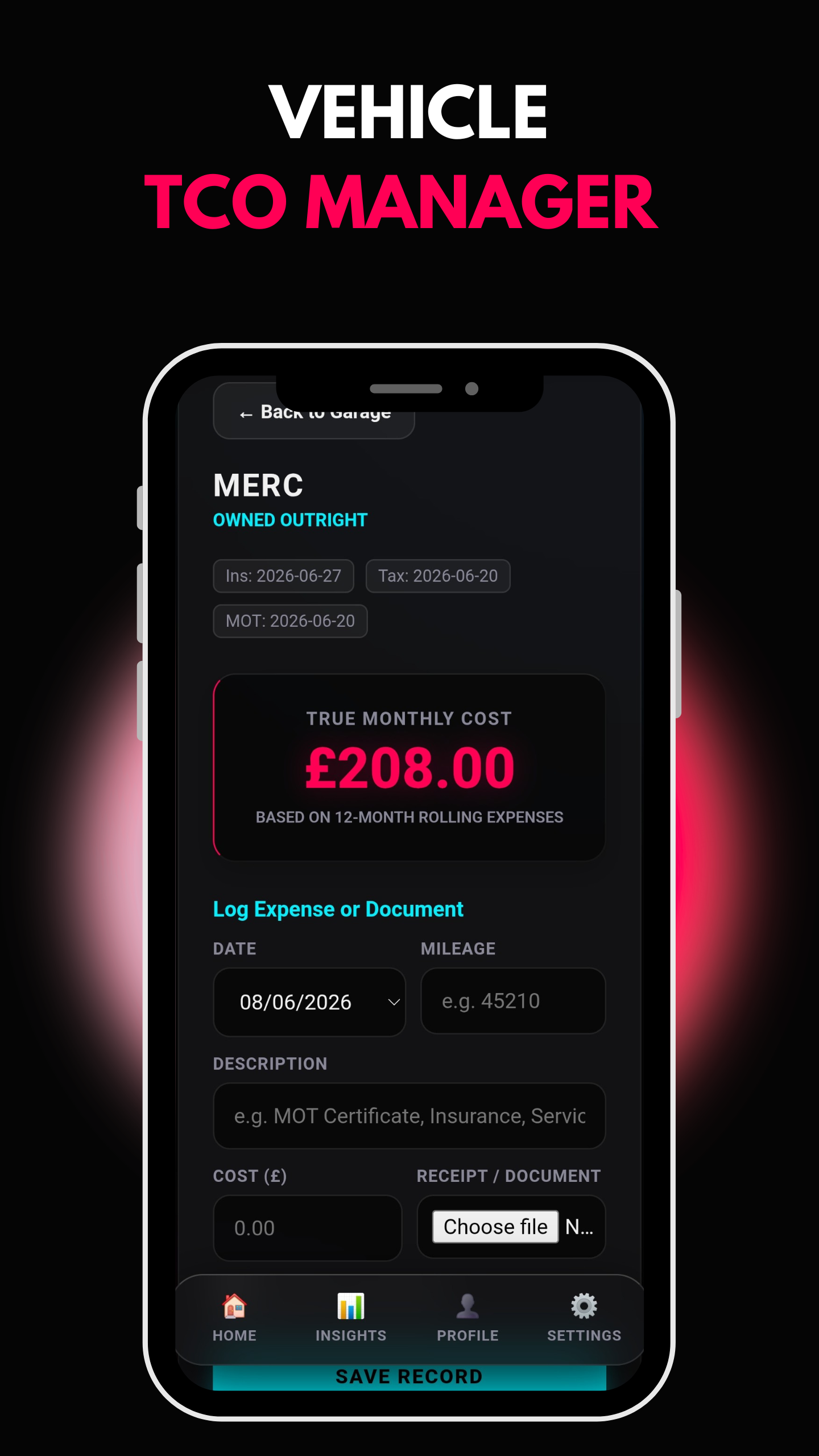 Vehicle TCO manager — MOT, tax and insurance dates, true monthly cost, and expense or document logging
